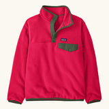 Patagonia Kids Lightweight Synchilla Snap-T Fleece Pullover in Punchy Pink. vibrant raspberry pink body with an army green snap placket and matching chest pocket flap and buttons.