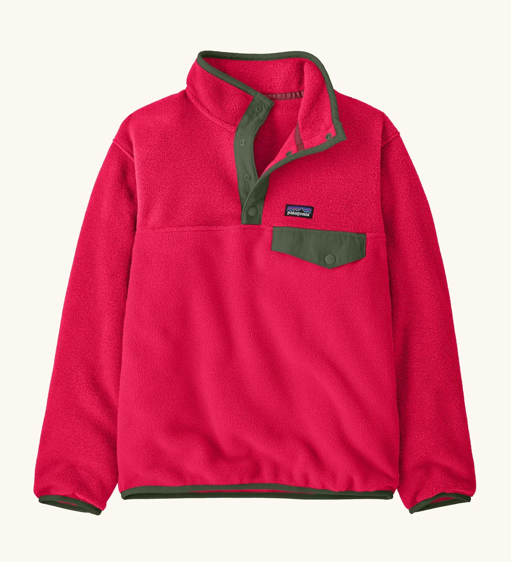 Patagonia Kids Lightweight Synchilla Snap-T Fleece Pullover in Punchy Pink. vibrant raspberry pink body with an army green snap placket and matching chest pocket flap and buttons.