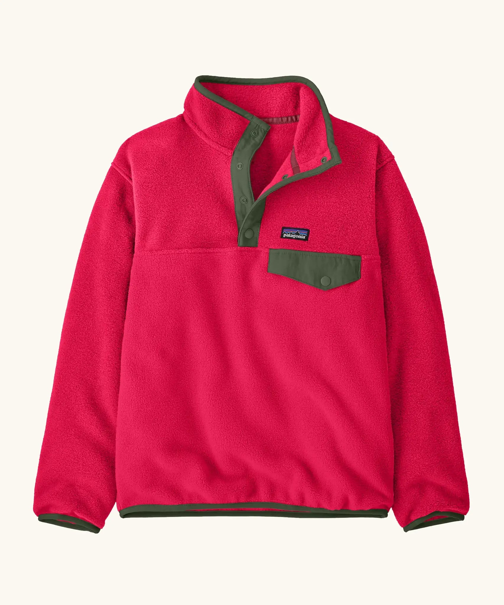 Patagonia Kids Lightweight Synchilla Snap-T Fleece Pullover in Punchy Pink. vibrant raspberry pink body with an army green snap placket and matching chest pocket flap and buttons.