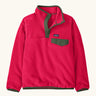 Patagonia Kids Lightweight Synchilla Snap-T Fleece Pullover in Punchy Pink. vibrant raspberry pink body with an army green snap placket and matching chest pocket flap and buttons.