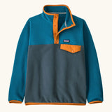 Patagonia Kids Lightweight Synchilla Snap-T Fleece Pullover in Summit Blue. Slate blue bottom half, ocean blue shoulders, sleeves, and collar, with an orange snap placket and matching orange chest pocket flap and buttons.