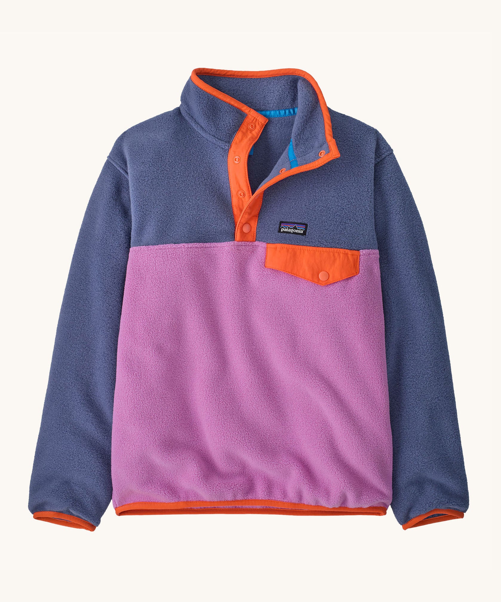 Patagonia kids synchilla pullover fleece in brisk purple. A light fleece in pastel and light purple with orange trim. Features popper fasteners and a chest pocket in yellow
