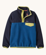 Patagonia kids synchilla pullover fleece in clement blue. A light fleece in navy and blue with yellow trim. Features popper fasteners and a chest pocket in yellow