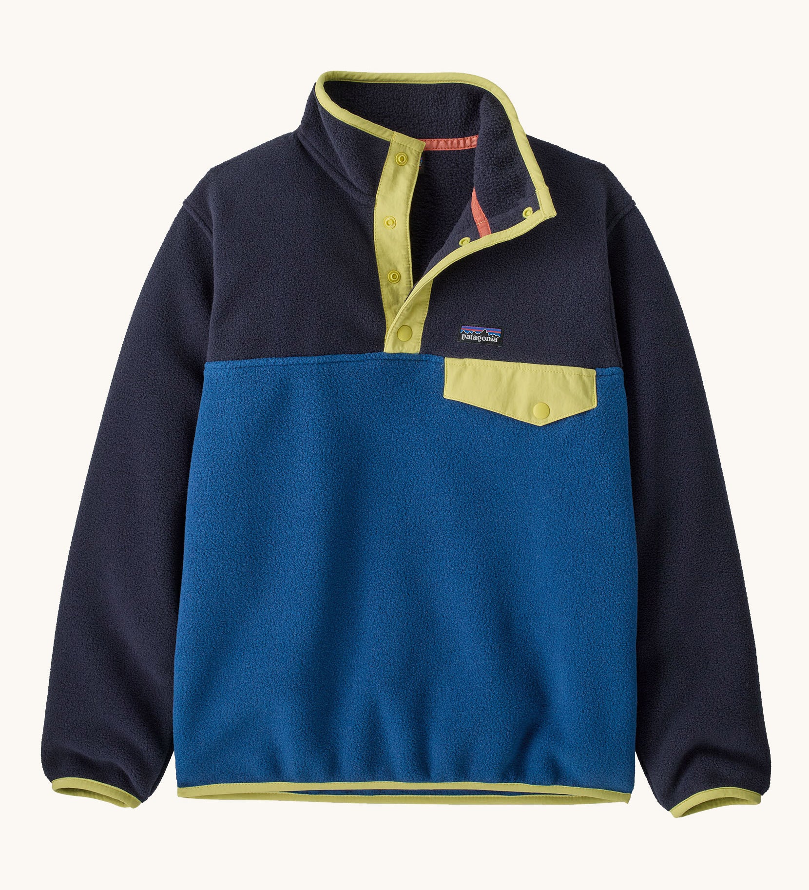 Patagonia kids synchilla pullover fleece in clement blue. A light fleece in navy and blue with yellow trim. Features popper fasteners and a chest pocket in yellow