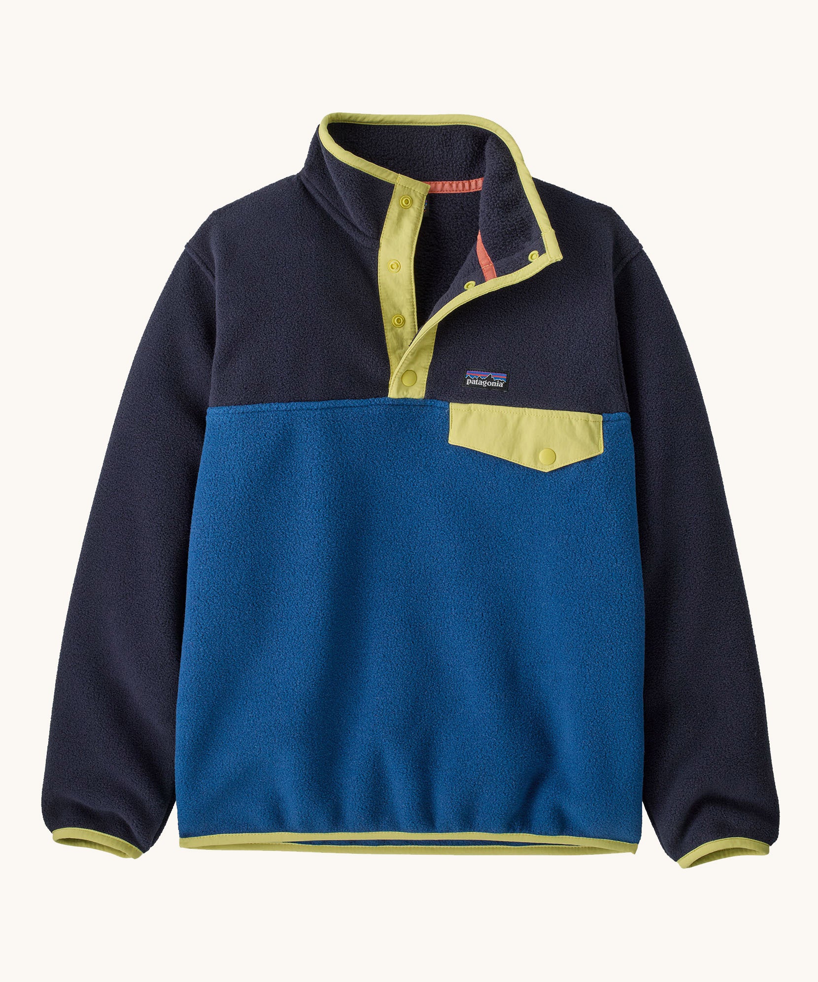 Patagonia kids synchilla pullover fleece in clement blue. A light fleece in navy and blue with yellow trim. Features popper fasteners and a chest pocket in yellow