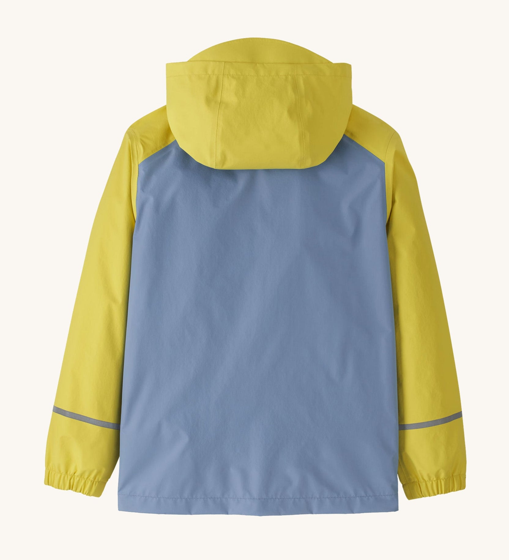 The back of the  Patagonia Little Kids Torrentshell 3L Waterproof Jacket in nearly green available at Babipur. A waterproof jacket in a yellow/grey and grey colourblock design showing the reflective strip on the cuffs