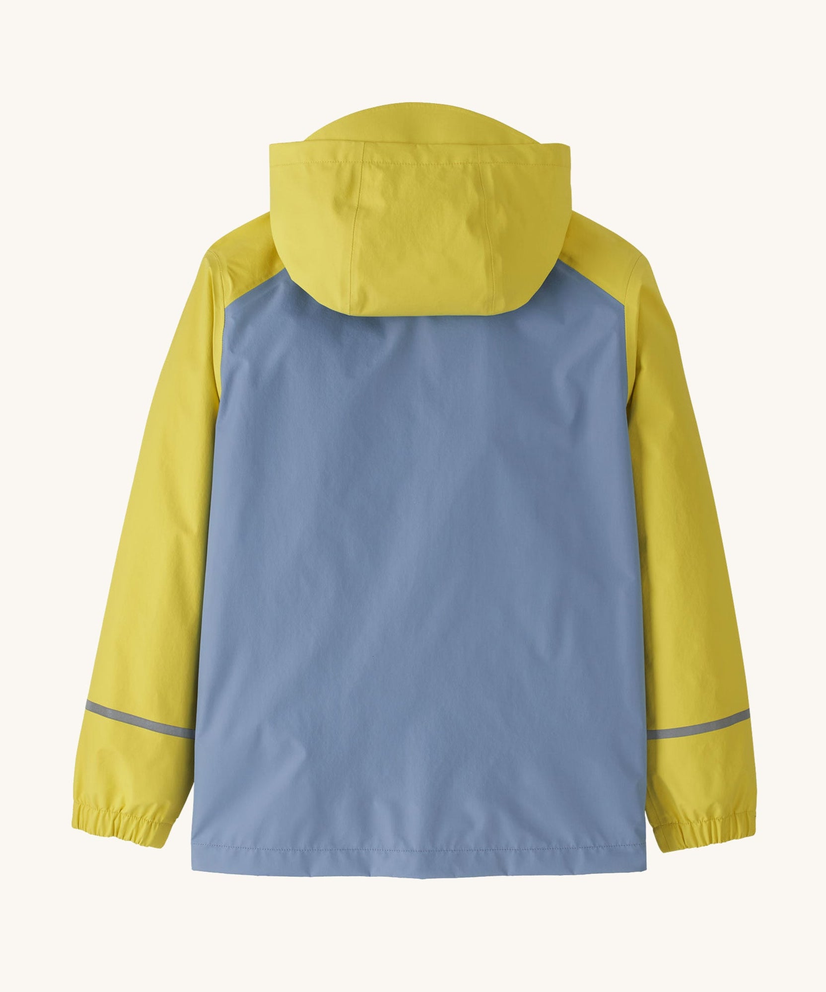 The back of the  Patagonia Little Kids Torrentshell 3L Waterproof Jacket in nearly green available at Babipur. A waterproof jacket in a yellow/grey and grey colourblock design showing the reflective strip on the cuffs