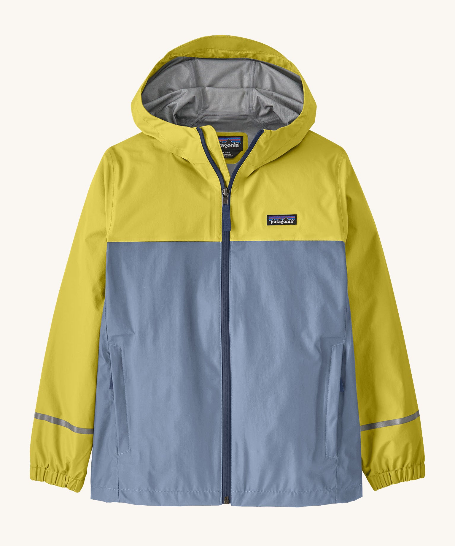 The Patagonia Little Kids Torrentshell 3L Waterproof Jacket in nearly green available at Babipur. A waterproof jacket in a yellow/grey and grey colourblock design. Features a full length zip, 2 side pockets and a reflective strip on the cuffs