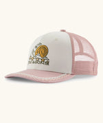Patagonia kids trucker hat with a white organic cotton front crown with a playful snail patch, pink bill with frill and mesh back