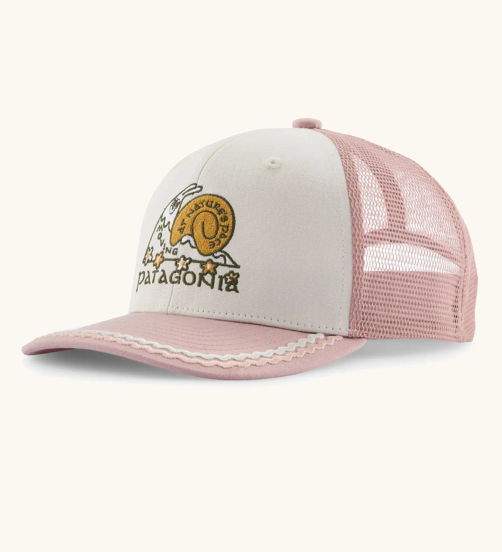 Patagonia kids trucker hat with a white organic cotton front crown with a playful snail patch, pink bill with frill and mesh back