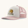 Patagonia kids trucker hat with a white organic cotton front crown with a playful snail patch, pink bill with frill and mesh back
