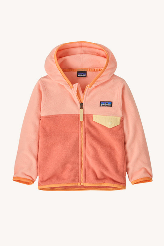 Patagonia Little Kids Micro D Snap-T Jacket - Peak Pink baby fleece with hood, patagonia label above chest pocket.