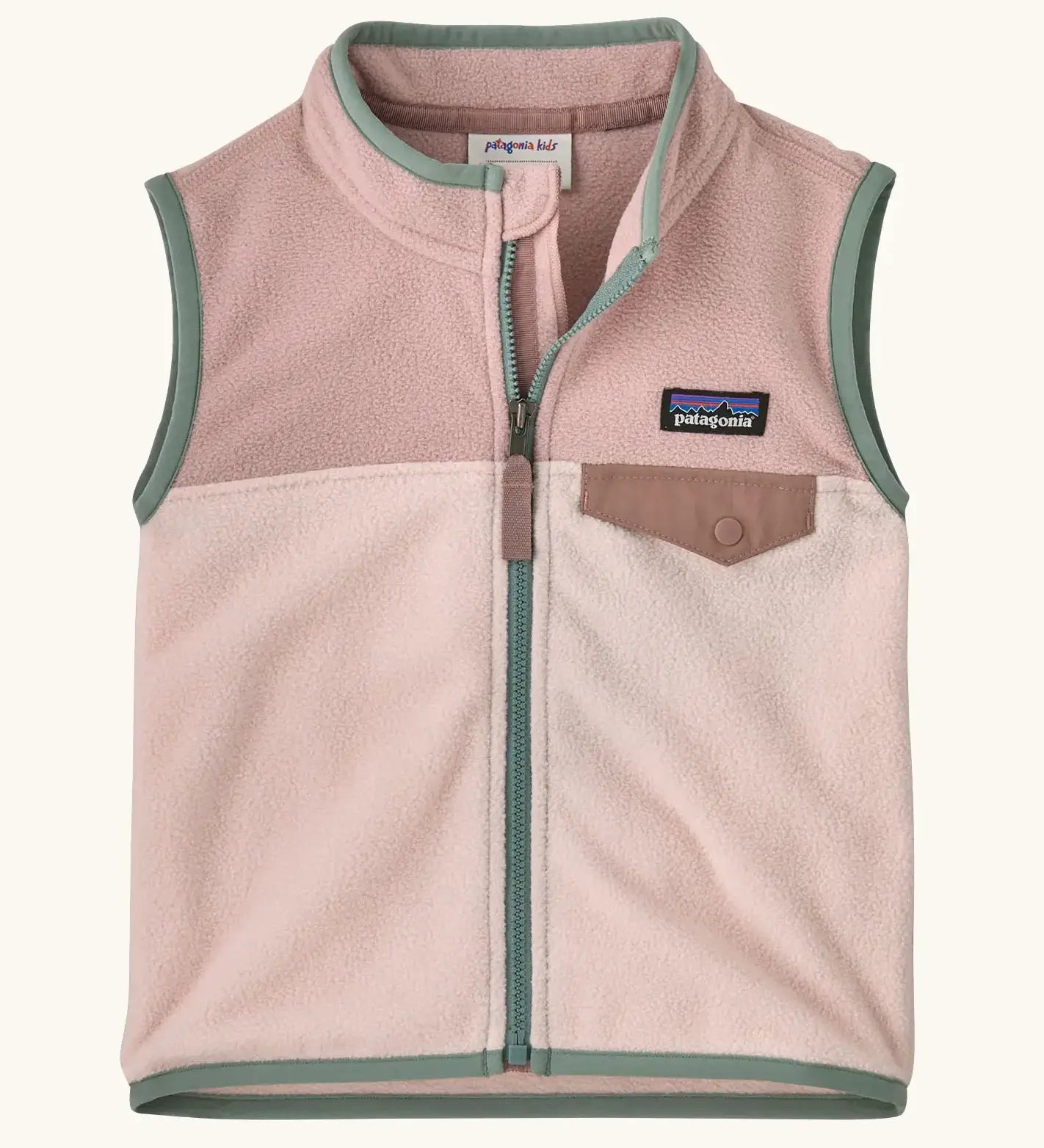 Patagonia little kids micro d fleece vest in light and dark pink with pale green trim. Features a full front zip and popper chest pocket