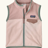 Patagonia little kids micro d fleece vest in light and dark pink with pale green trim. Features a full front zip and popper chest pocket
