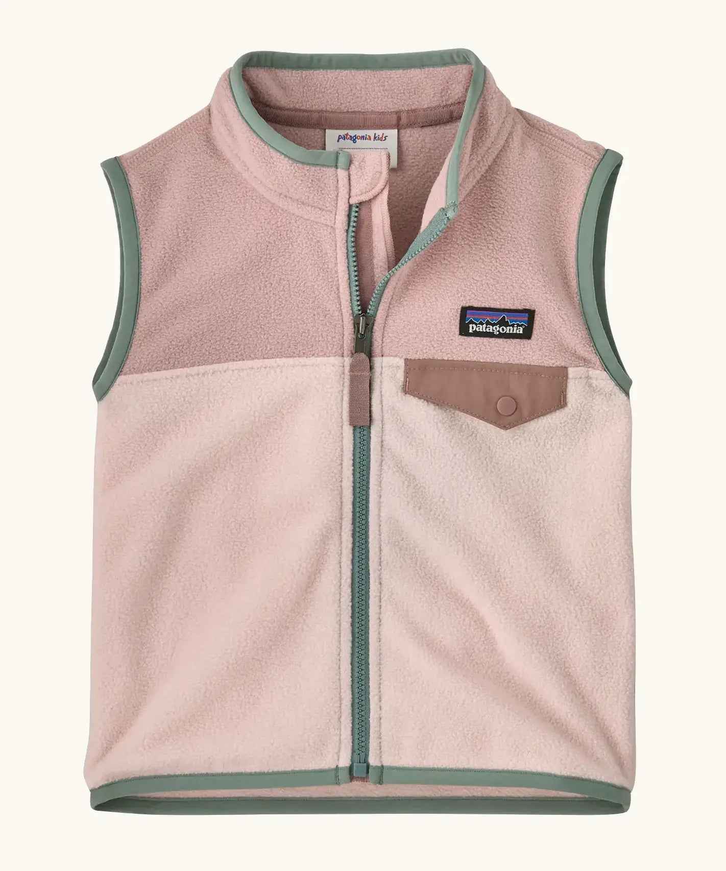 Patagonia little kids micro d fleece vest in light and dark pink with pale green trim. Features a full front zip and popper chest pocket