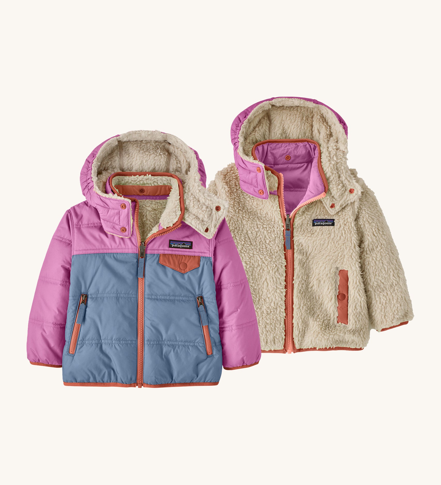 Patagonia little kids tribbles hoody. A reversible coat showing a blue and green hooded coat and natural fleece alternative side. Features a small chest pocket and side pockets