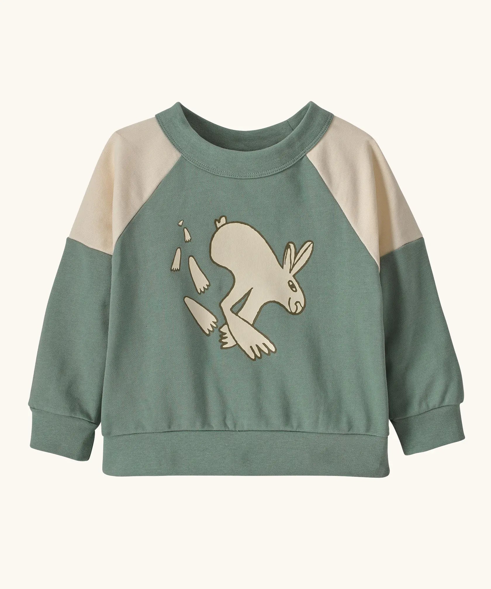 Patagonia 100% organic cotton little kids crew sweatshirt in pale green with beige shoulder panels. Showing a playful rabbit print on the front.