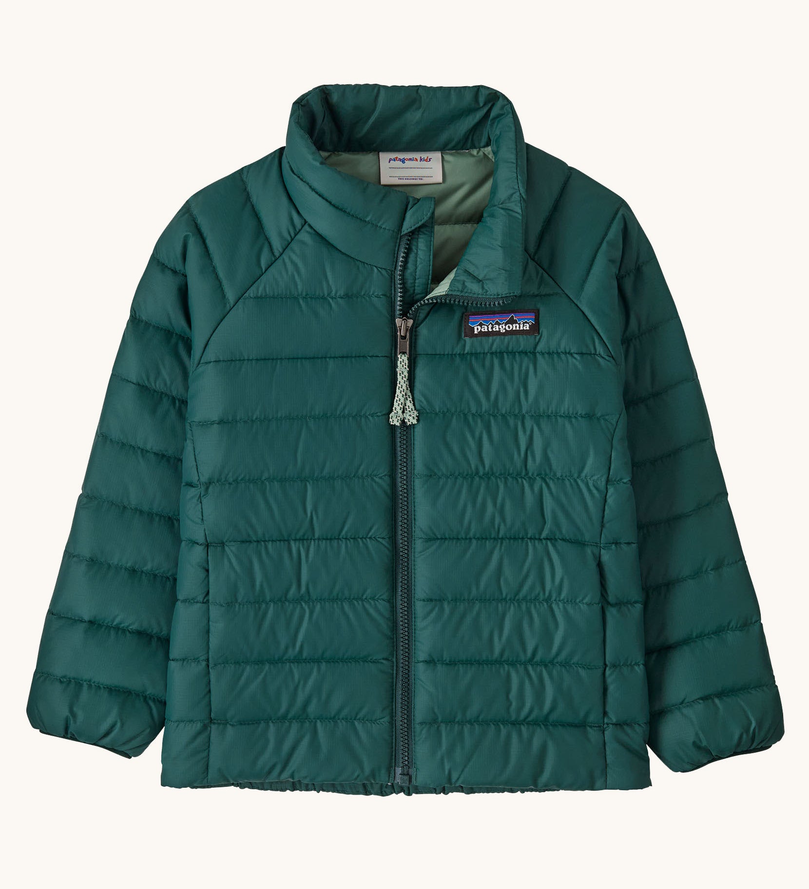 Patagonia little kids down sweater in cascade green. A 100% recycled down jacket in dark green. Features a padded collar and full length zip