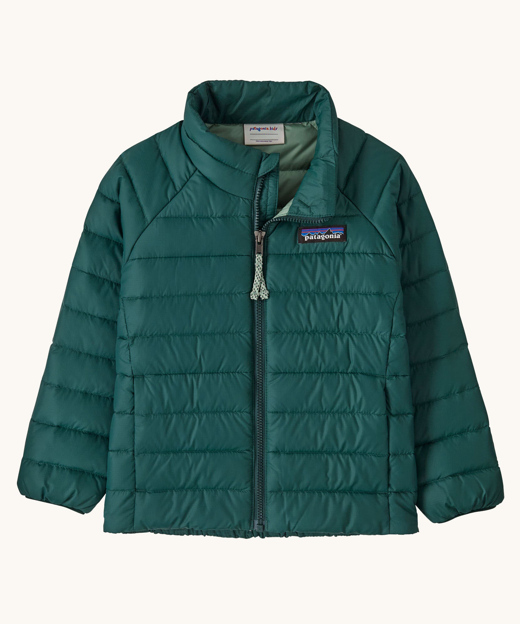 Patagonia little kids down sweater in cascade green. A 100% recycled down jacket in dark green. Features a padded collar and full length zip