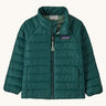 Patagonia little kids down sweater in cascade green. A 100% recycled down jacket in dark green. Features a padded collar and full length zip