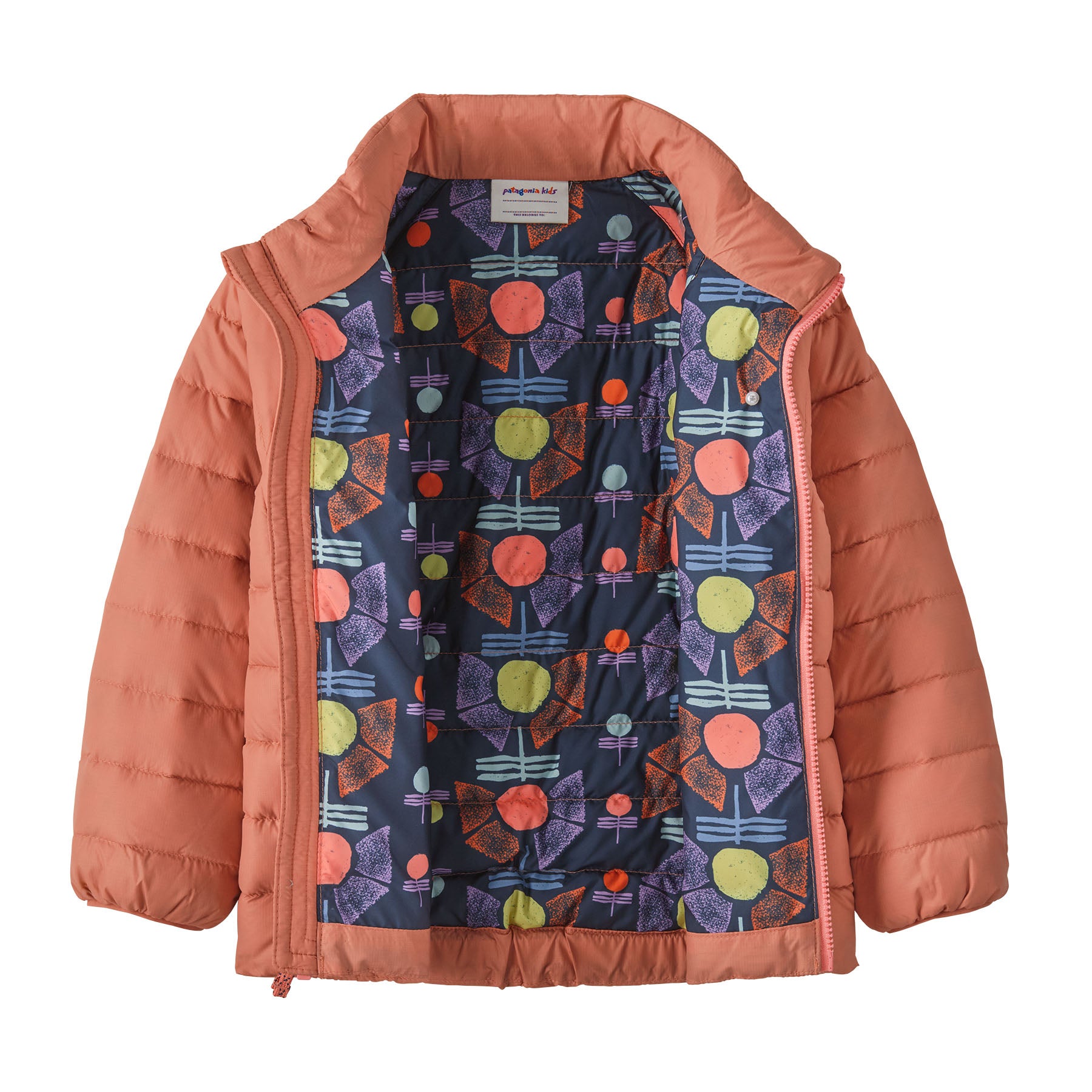 Patagonia little kids down sweater in moment pink available at Babipur showing the retro design on the inside liner