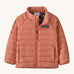 Patagonia little kids down sweater in moment pink. A 100% recycled down jacket in pale pink. Features a padded collar and full length zip