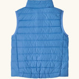 Back of Patagonia little kids down sweat vest in abundant blue. Gilet has a regular fit