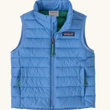 Patagonia little kids down sweat vest in abundant blue. Features side pockets and full length zip