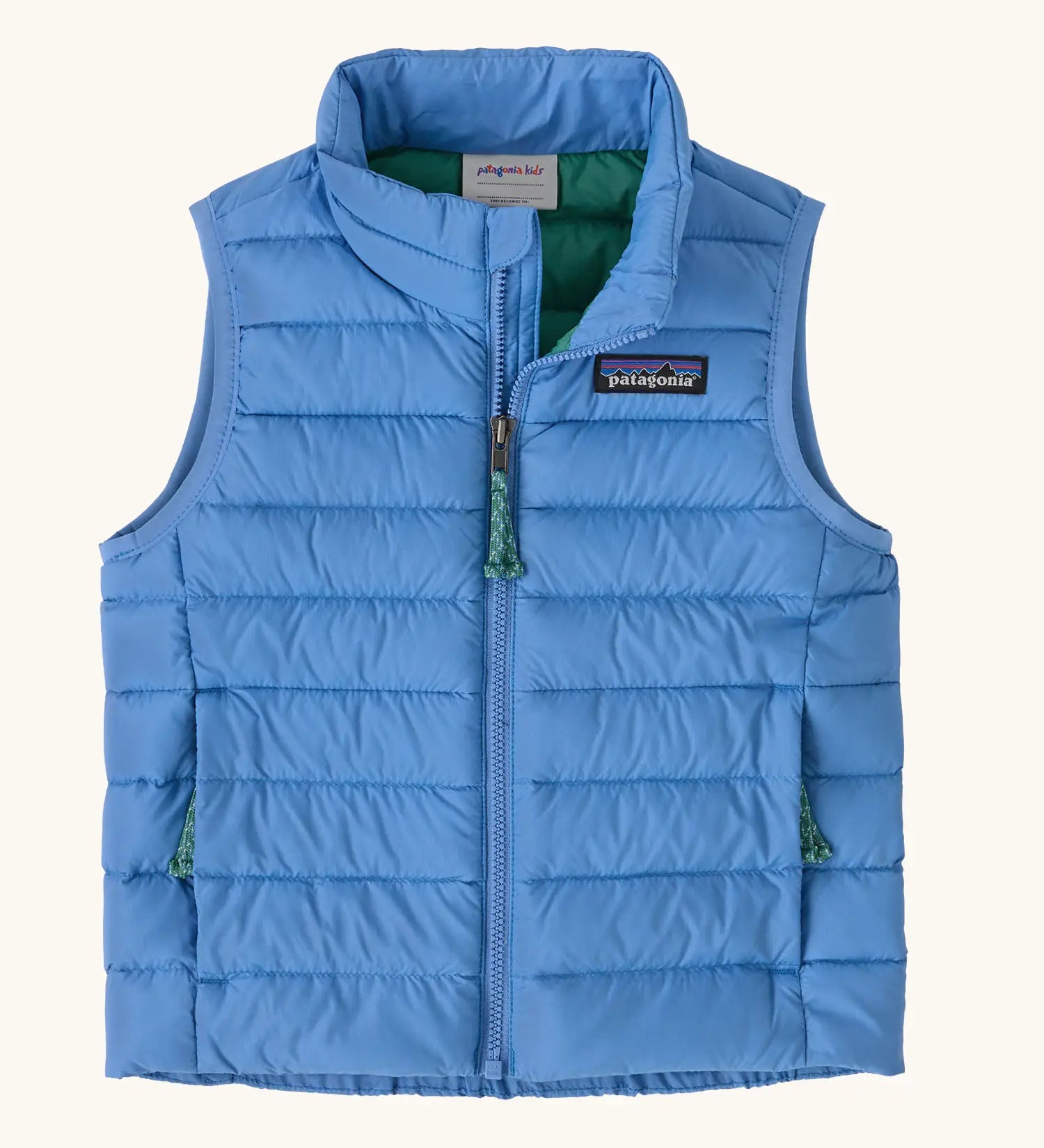 Patagonia little kids down sweat vest in abundant blue. Features side pockets and full length zip