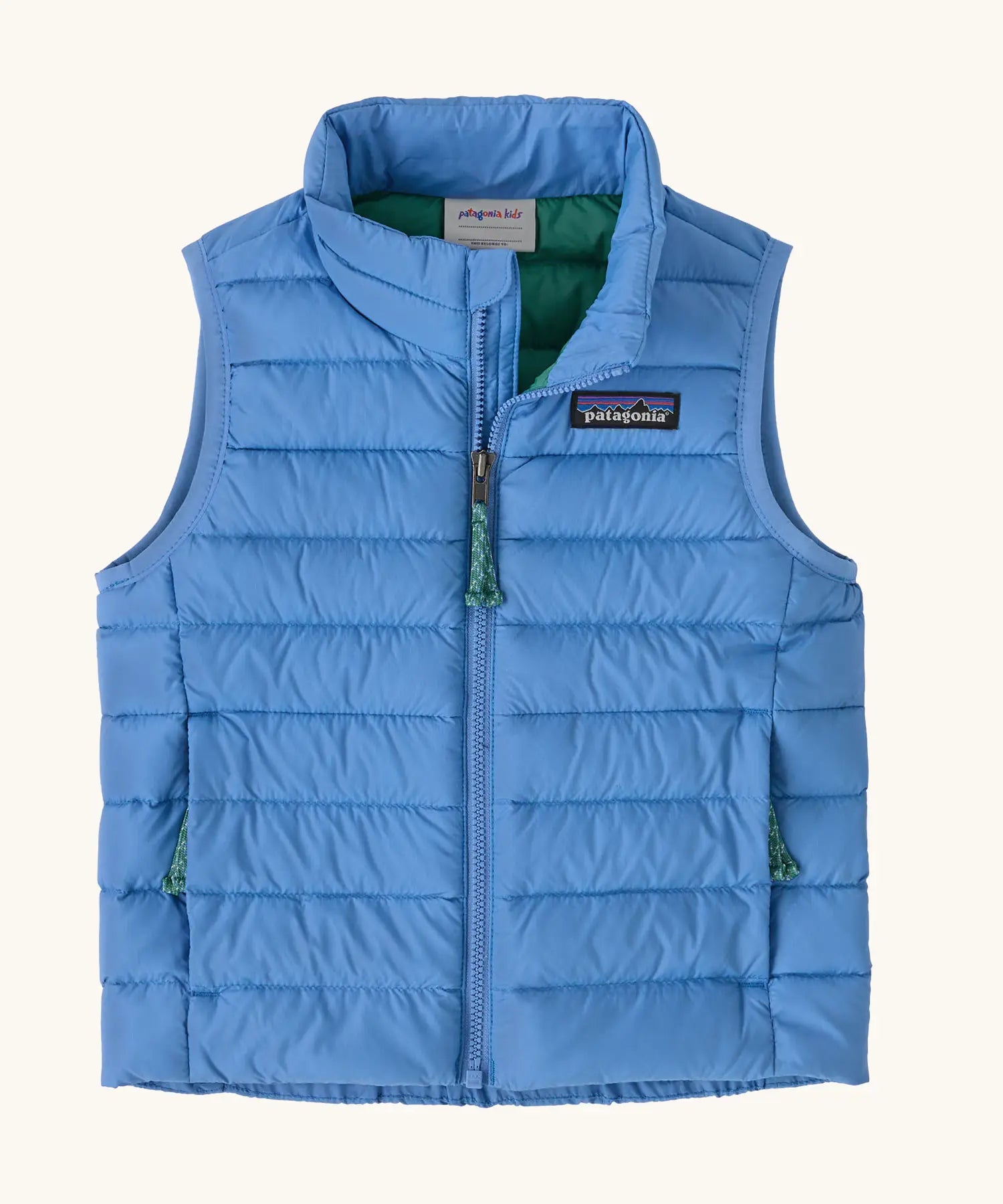 Patagonia little kids down sweat vest in abundant blue. Features side pockets and full length zip