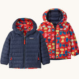 Patagonia Kids Reversible Down Hoody in forest being sizzle red design side by side showing the different colour and print detail.