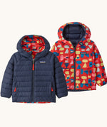 Patagonia Kids Reversible Down Hoody in forest being sizzle red design side by side showing the different colour and print detail.