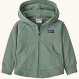Patagonia 100% organic cotton little kids full zip hoody in pale green. Features front pockets