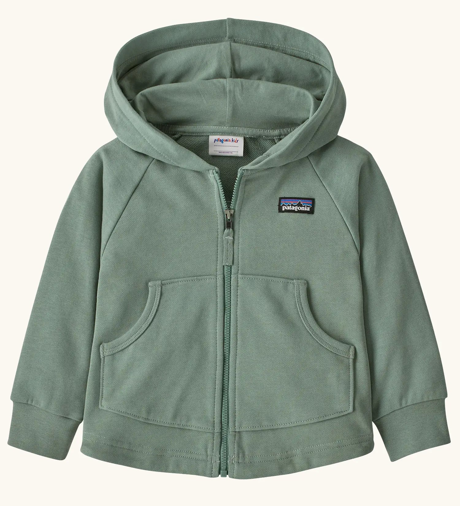 Patagonia 100% organic cotton little kids full zip hoody in pale green. Features front pockets