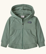Patagonia 100% organic cotton little kids full zip hoody in pale green. Features front pockets