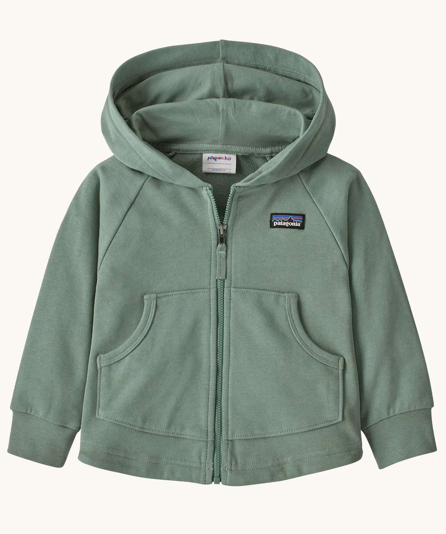 Patagonia 100% organic cotton little kids full zip hoody in pale green. Features front pockets