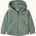 Patagonia 100% organic cotton little kids full zip hoody in pale green. Features front pockets