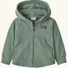 Patagonia 100% organic cotton little kids full zip hoody in pale green. Features front pockets