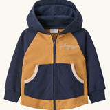 Patagonia 100% organic cotton little kids full zip hoody in warm mango with blue raglan sleeves. Features front pockets