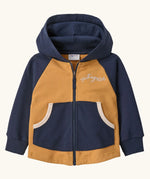 Patagonia 100% organic cotton little kids full zip hoody in warm mango with blue raglan sleeves. Features front pockets