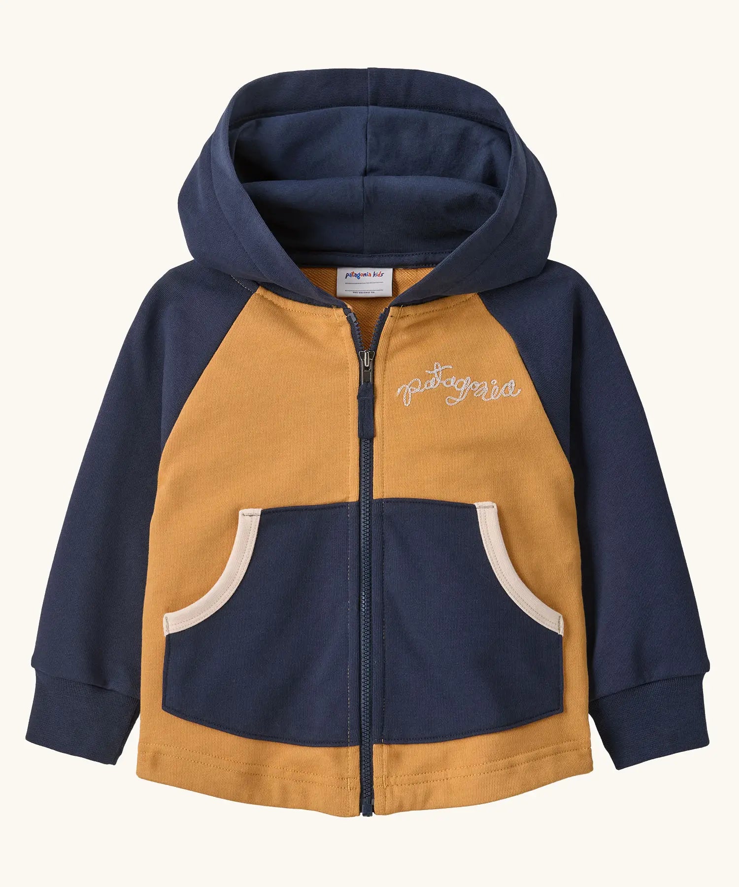 Patagonia 100% organic cotton little kids full zip hoody in warm mango with blue raglan sleeves. Features front pockets