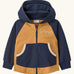 Patagonia 100% organic cotton little kids full zip hoody in warm mango with blue raglan sleeves. Features front pockets