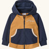 Patagonia 100% organic cotton little kids full zip hoody in warm mango with blue raglan sleeves. Features front pockets