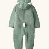 Back of the Patagonia little kids high pile fleece hooded all in one suit in pale green showing bear cub ears on the hood and tail