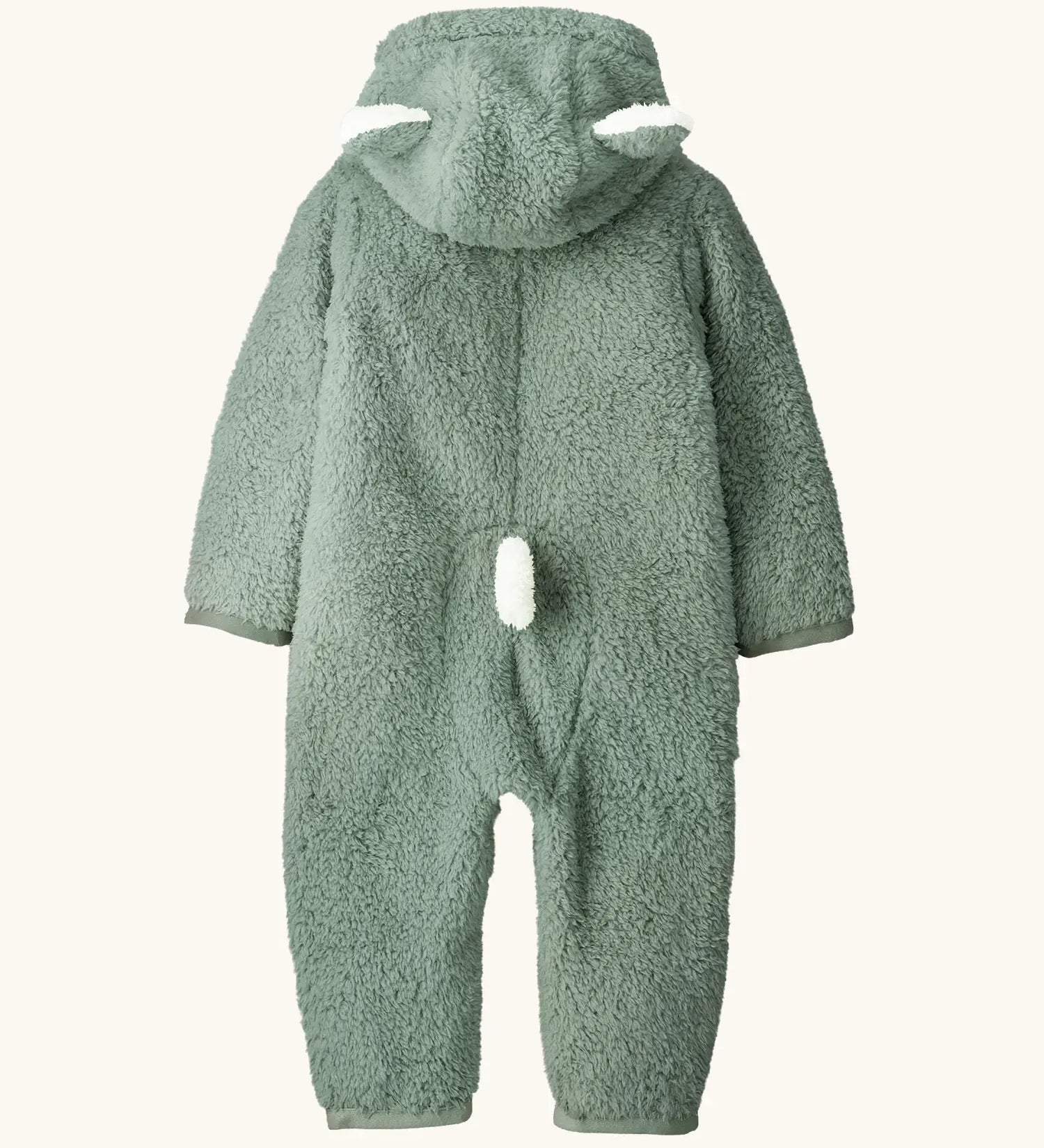 Back of the Patagonia little kids high pile fleece hooded all in one suit in pale green showing bear cub ears on the hood and tail