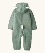 Back of the Patagonia little kids high pile fleece hooded all in one suit in pale green showing bear cub ears on the hood and tail