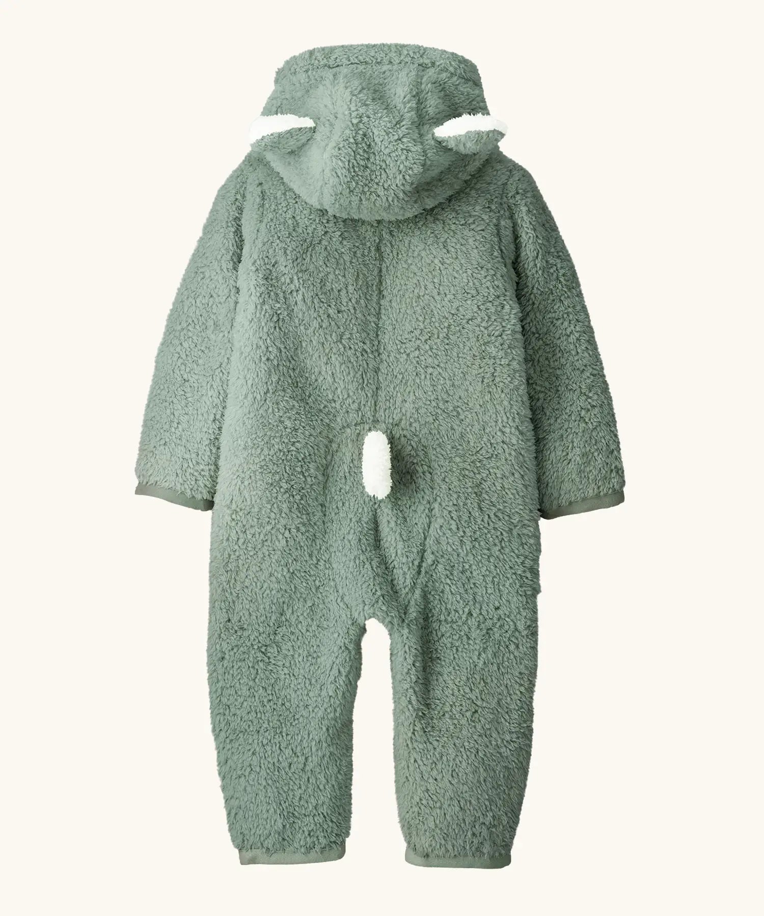 Back of the Patagonia little kids high pile fleece hooded all in one suit in pale green showing bear cub ears on the hood and tail