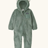 Patagonia 100% recycled polyester little kids high pile fleece hooded all in one suit in pale green with bear cub ears front zip and pocket