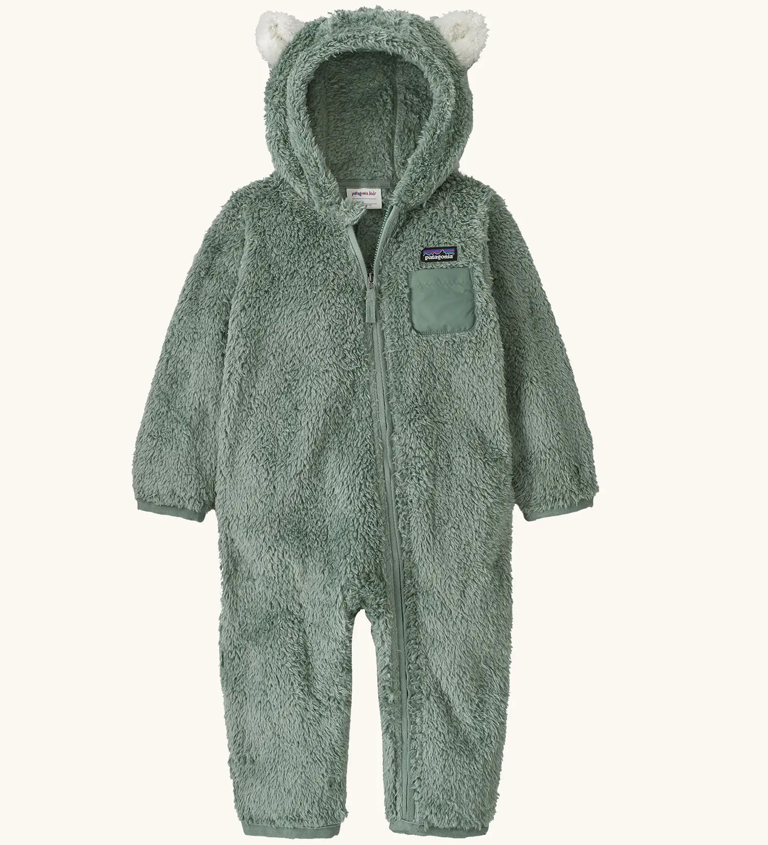 Patagonia 100% recycled polyester little kids high pile fleece hooded all in one suit in pale green with bear cub ears front zip and pocket