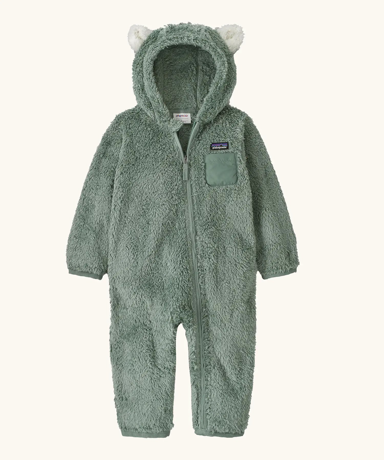 Patagonia 100% recycled polyester little kids high pile fleece hooded all in one suit in pale green with bear cub ears front zip and pocket